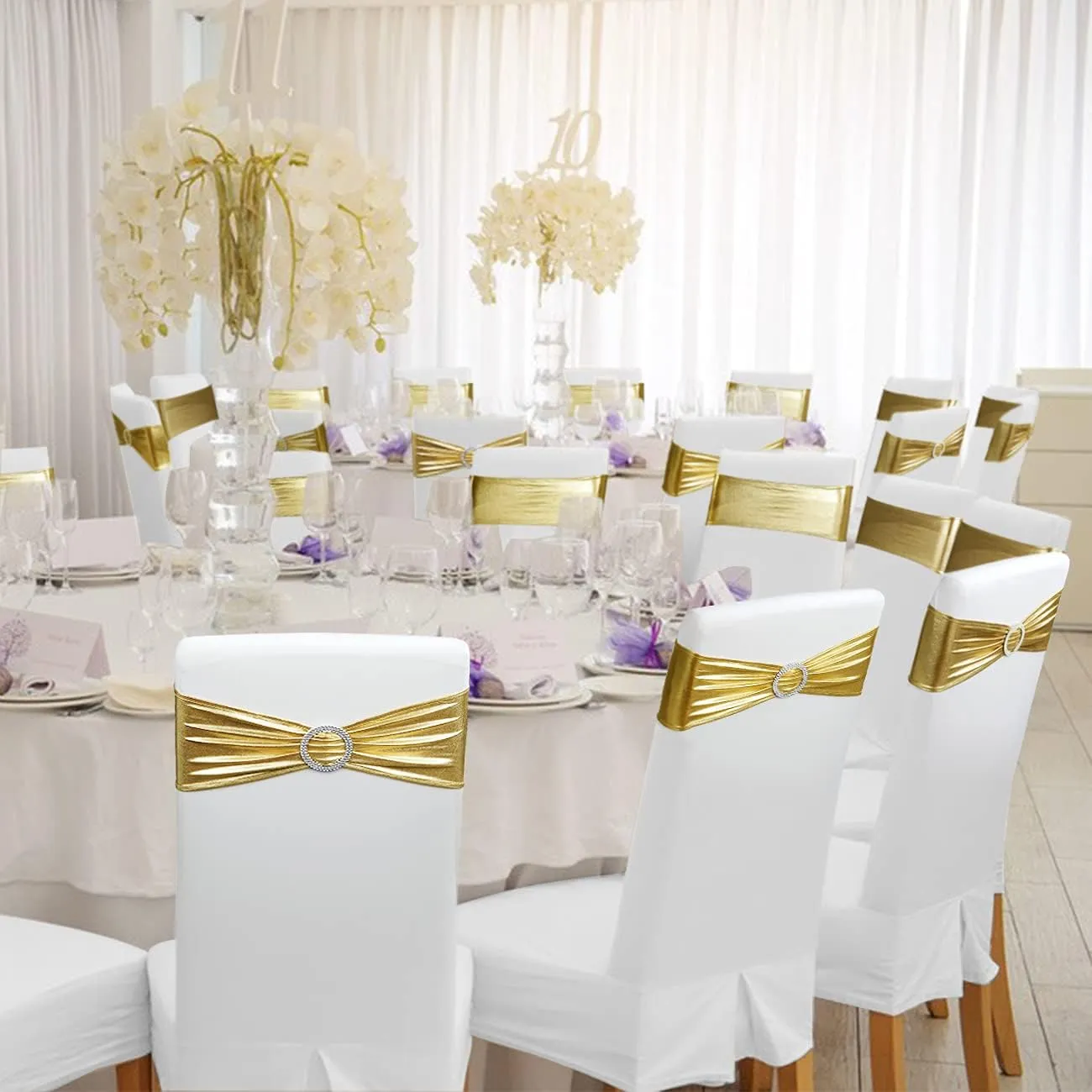 Babenest Spandex Chair Sashes Bows 50PCS Premium Stretch Chair Cover Band with Buckle Slider Universal Elastic Chair Ties for Wedding Party Ceremony Reception Banquet Decoration (Metallic Gold)