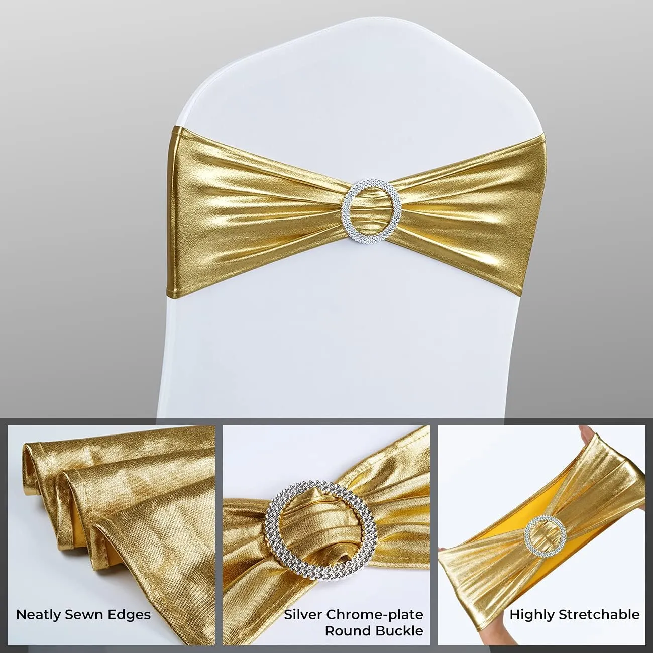 Babenest Spandex Chair Sashes Bows 50PCS Premium Stretch Chair Cover Band with Buckle Slider Universal Elastic Chair Ties for Wedding Party Ceremony Reception Banquet Decoration (Metallic Gold)