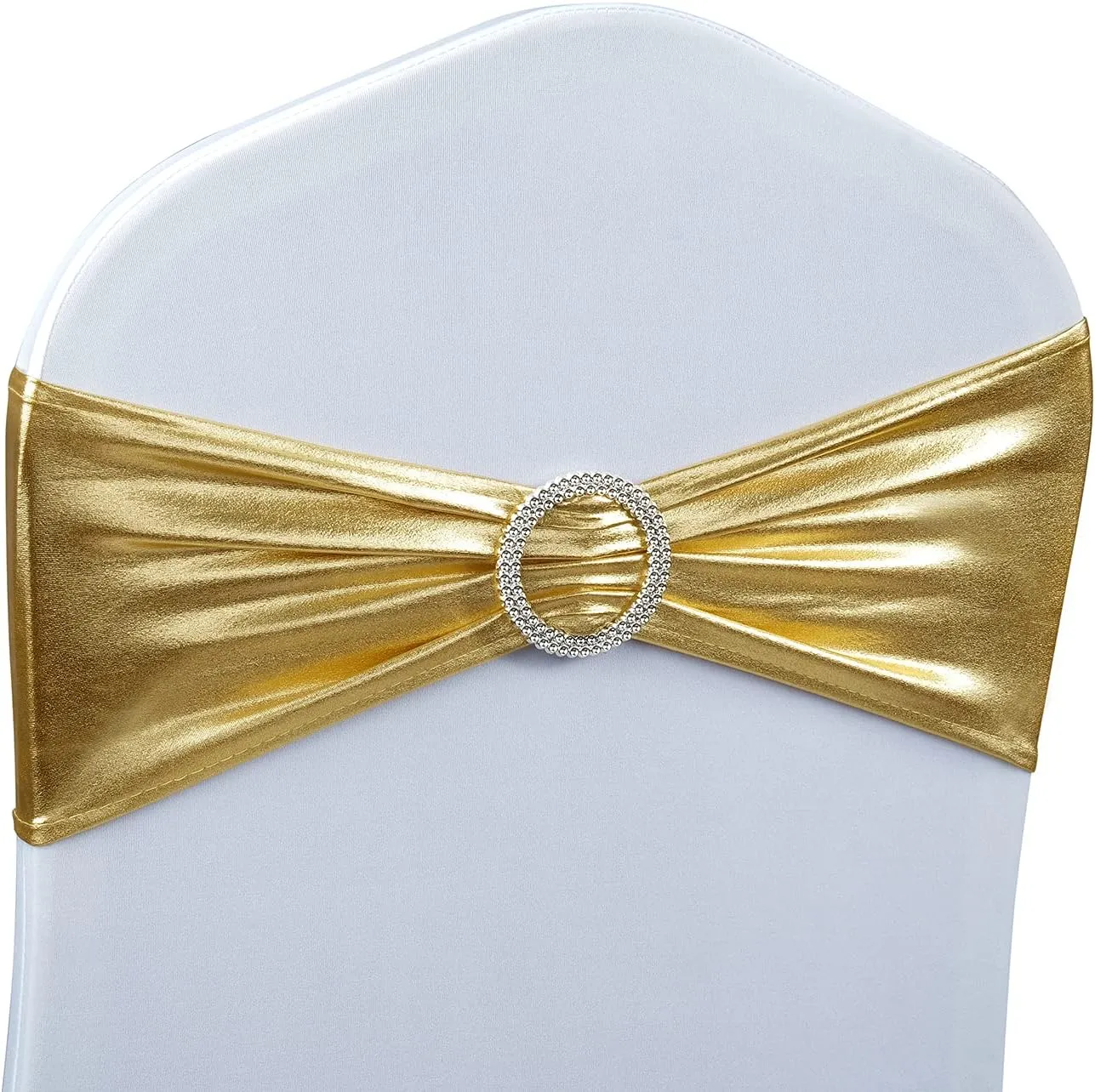 Babenest Spandex Chair Sashes Bows 50PCS Premium Stretch Chair Cover Band with Buckle Slider Universal Elastic Chair Ties for Wedding Party Ceremony Reception Banquet Decoration (Metallic Gold)