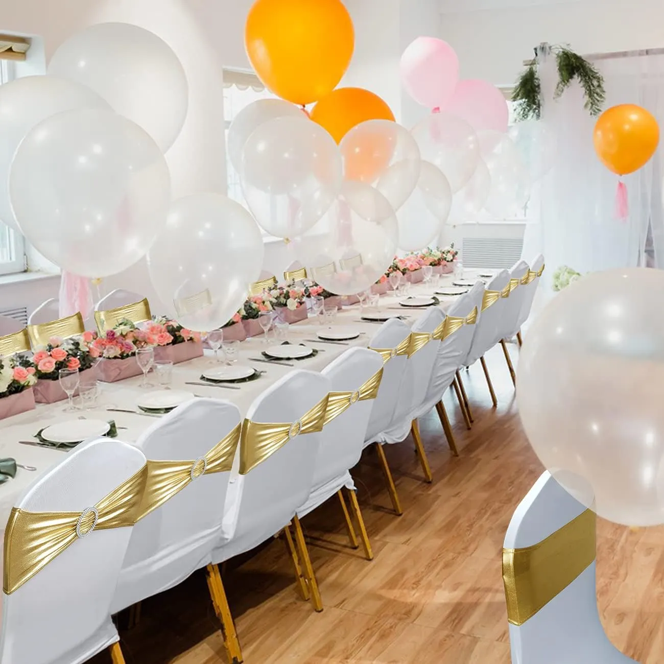 Babenest Spandex Chair Sashes Bows 50PCS Premium Stretch Chair Cover Band with Buckle Slider Universal Elastic Chair Ties for Wedding Party Ceremony Reception Banquet Decoration (Metallic Gold)