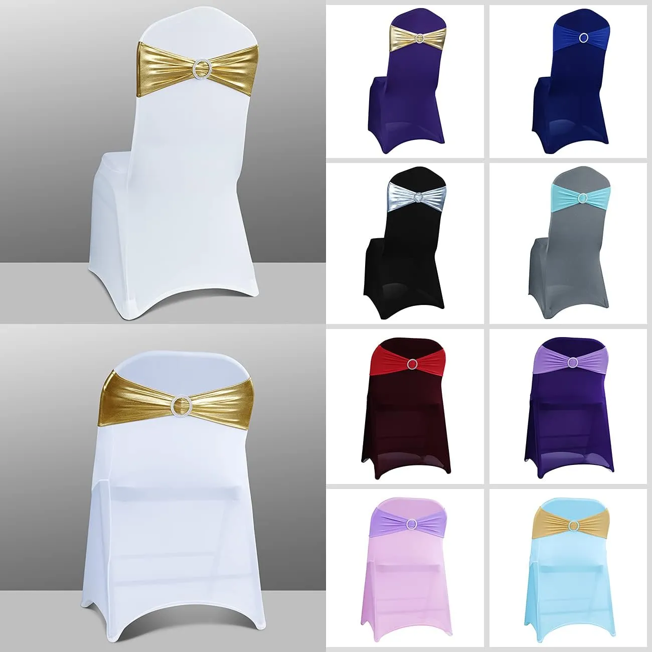 Babenest Spandex Chair Sashes Bows 50PCS Premium Stretch Chair Cover Band with Buckle Slider Universal Elastic Chair Ties for Wedding Party Ceremony Reception Banquet Decoration (Metallic Gold)