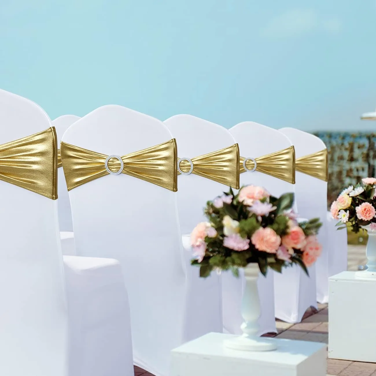 Babenest Spandex Chair Sashes Bows 50PCS Premium Stretch Chair Cover Band with Buckle Slider Universal Elastic Chair Ties for Wedding Party Ceremony Reception Banquet Decoration (Metallic Gold)