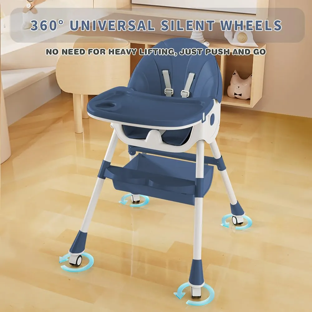 Baby High Chair, 5 in 1 High Chairs for Babies and Toddlers, Travel Foldable High Chair with Foot Rest, Detachable PU Cushion, Double Removable Tray, Adjustable Height & Recline, Locking Wheels