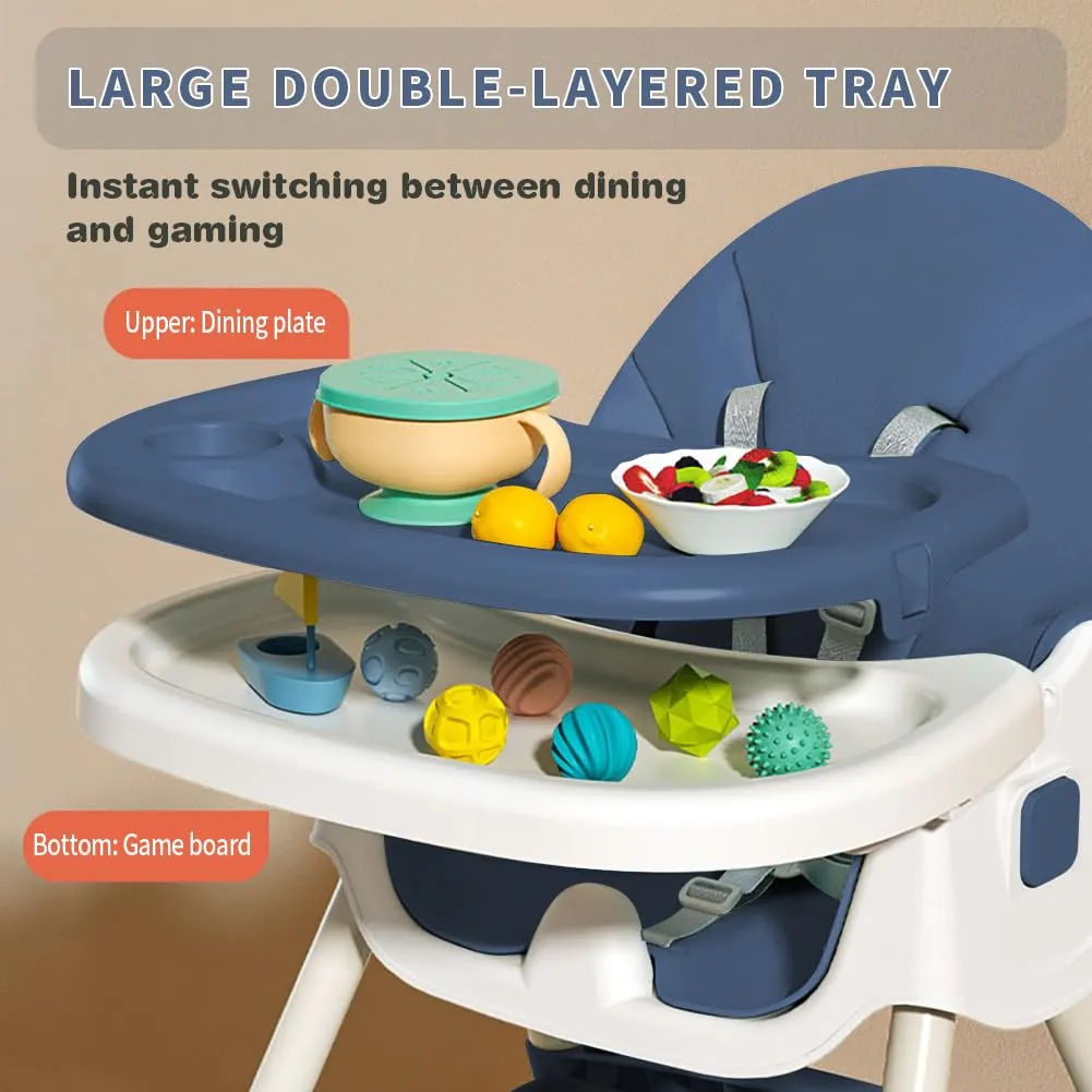 Baby High Chair, 5 in 1 High Chairs for Babies and Toddlers, Travel Foldable High Chair with Foot Rest, Detachable PU Cushion, Double Removable Tray, Adjustable Height & Recline, Locking Wheels