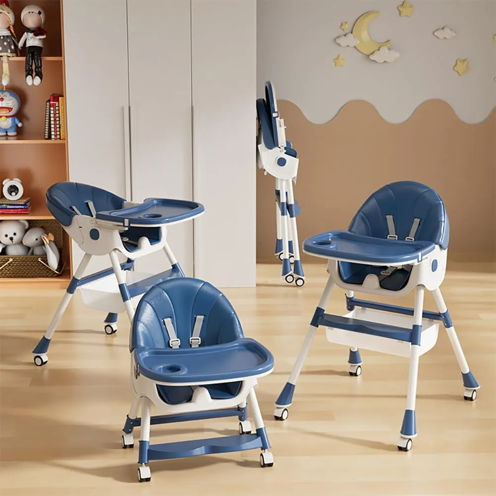 Baby High Chair, 5 in 1 High Chairs for Babies and Toddlers, Travel Foldable High Chair with Foot Rest, Detachable PU Cushion, Double Removable Tray, Adjustable Height & Recline, Locking Wheels