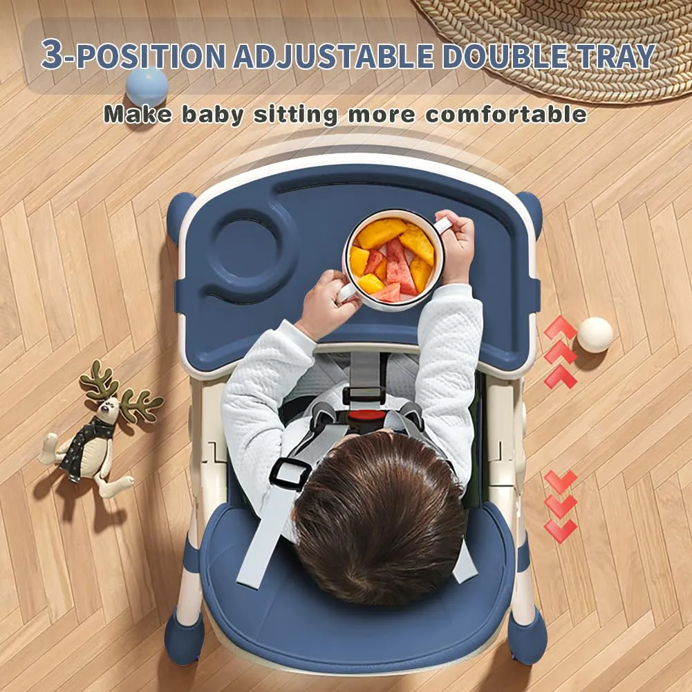 Baby High Chair, 5 in 1 High Chairs for Babies and Toddlers, Travel Foldable High Chair with Foot Rest, Detachable PU Cushion, Double Removable Tray, Adjustable Height & Recline, Locking Wheels