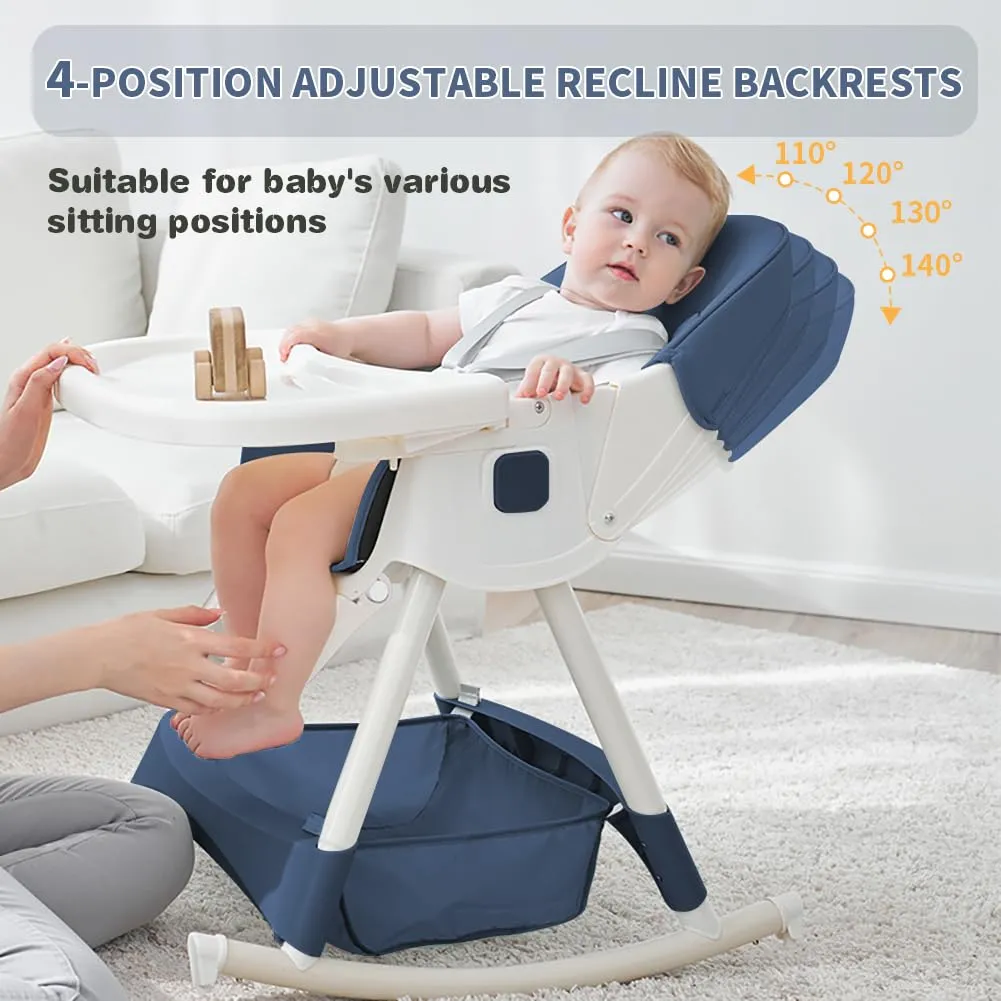 Baby High Chair, 5 in 1 High Chairs for Babies and Toddlers, Travel Foldable High Chair with Foot Rest, Detachable PU Cushion, Double Removable Tray, Adjustable Height & Recline, Locking Wheels