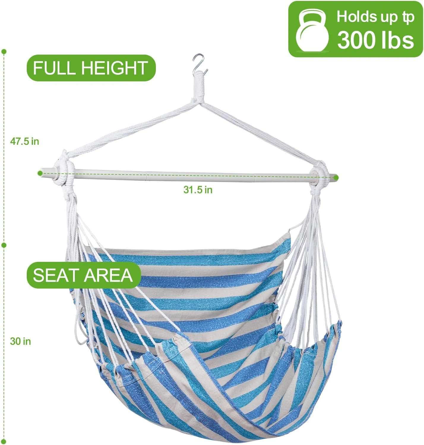 Backyard Expressions Striped Hammock Chair Hanging Rope Swing Chair, Anti Slip Steel Spreader Bar