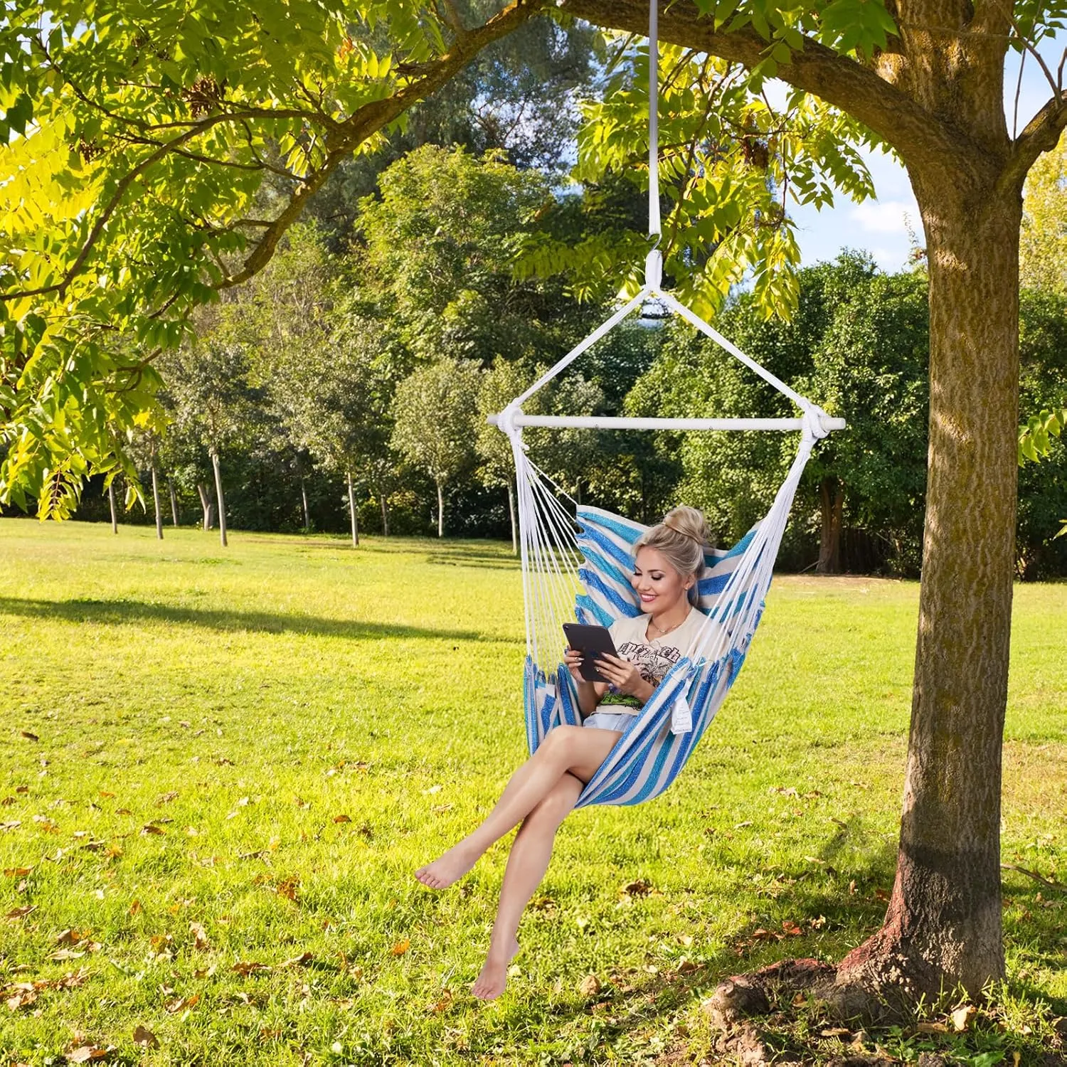Backyard Expressions Striped Hammock Chair Hanging Rope Swing Chair, Anti Slip Steel Spreader Bar