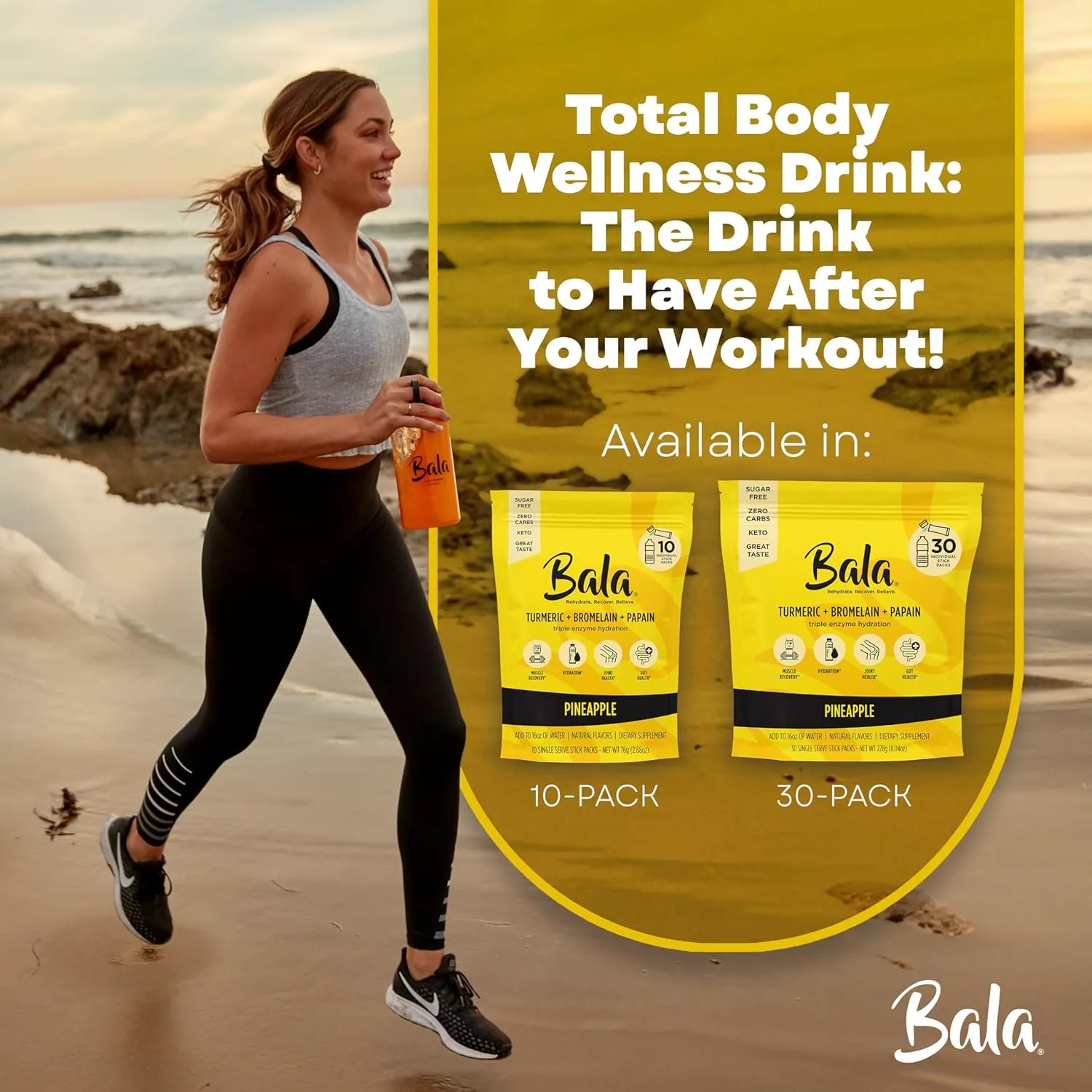Bala Enzyme Hydration & Sugar-Free Drink Mix - Turmeric, Bromelain, Papain, Immunity, Mobility - Pineapple 0.25oz (10 Count)