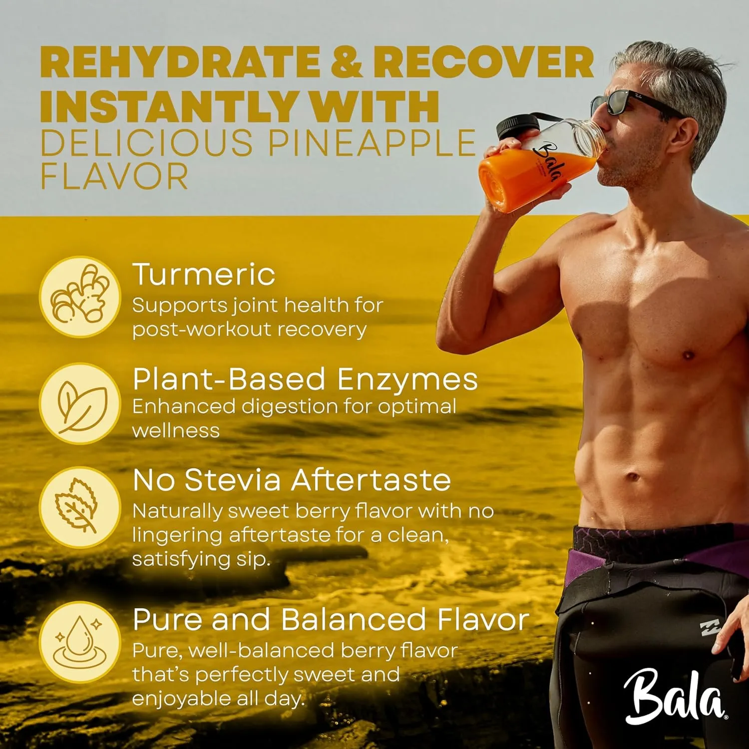 Bala Enzyme Hydration & Sugar-Free Drink Mix - Turmeric, Bromelain, Papain, Immunity, Mobility - Pineapple 0.25oz (10 Count)