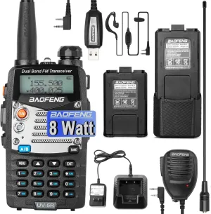 BAOFENG UV-5R 8W Ham Radio Handheld Dual Band 2-Way with an Extra 3800mAh Battery with BAOFENG Hand Mic and Programming Cable