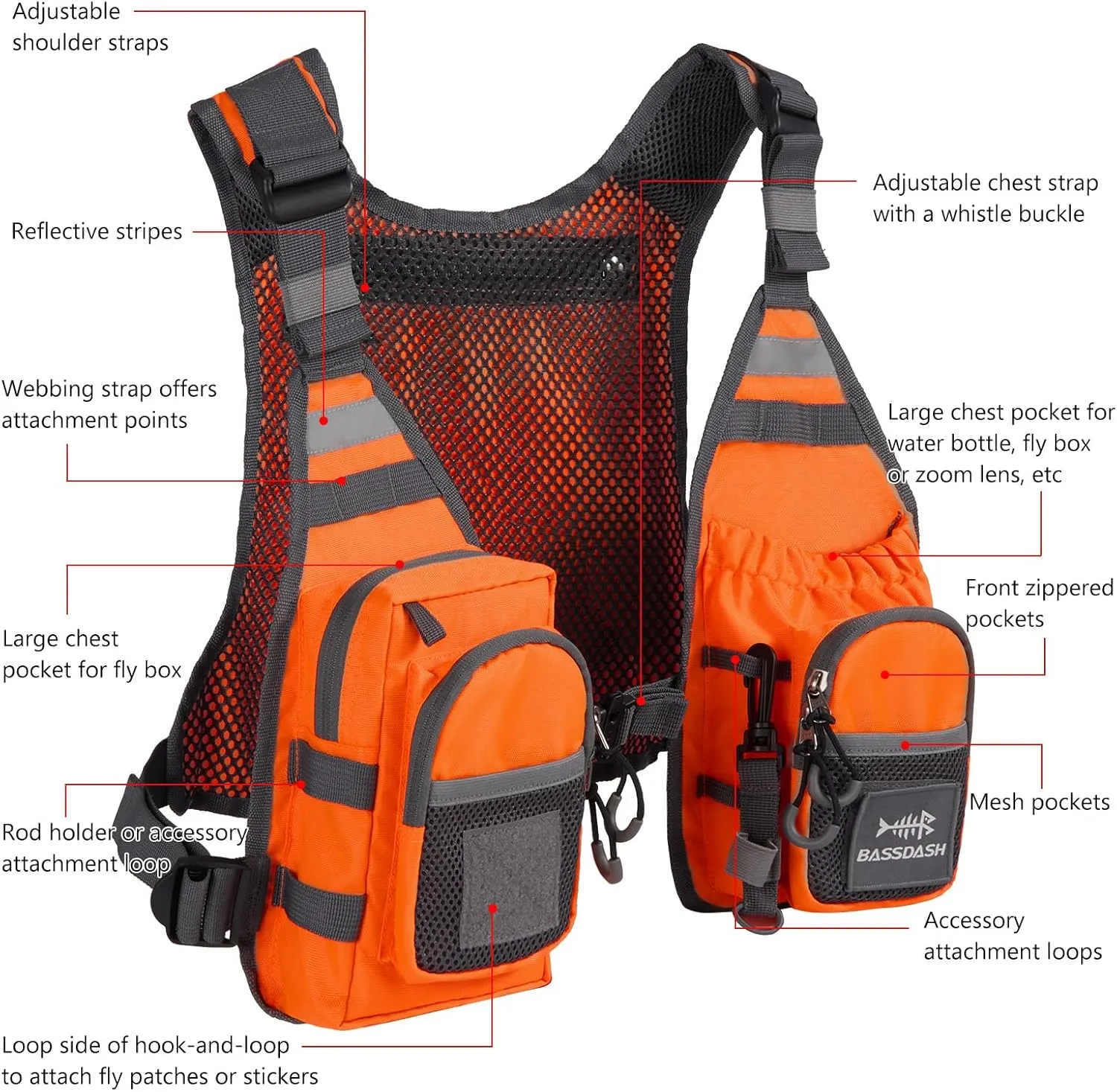 BASSDASH FV08 Ultra Lightweight Fly Fishing Vest for Men and Women Portable Chest Pack One Size Fits Most