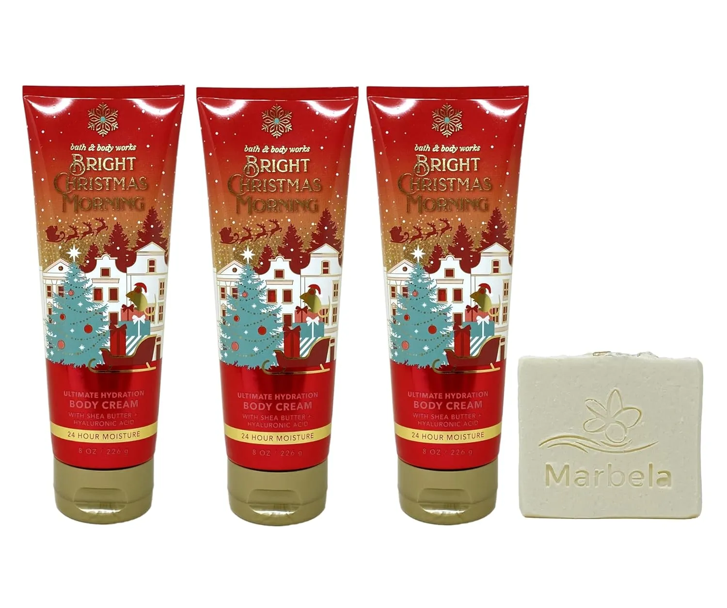 Bath & Body Works Bright Christmas Morning 3 Pack Ultimate Hydration Body Cream Set with a Natural Oats Bar Soap - Full Size