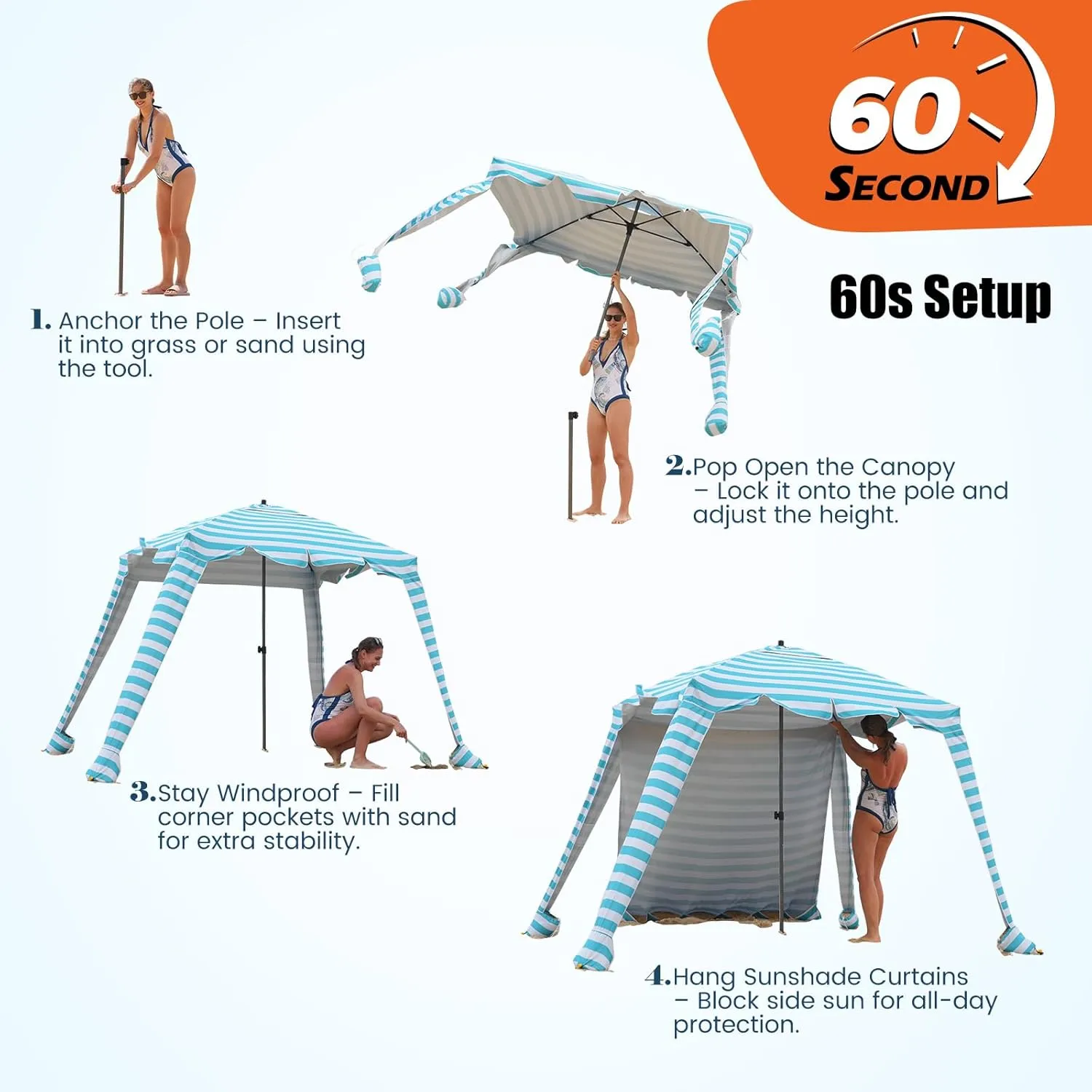 Beach Cabana - 6FT Beach Umbrella with UPF 100  UV Protection & Sunshade Curtain - Waterproof Tent - Portable Shade, Easy to Set Up, Perfect for Family & Friends (Aqua Stripe)