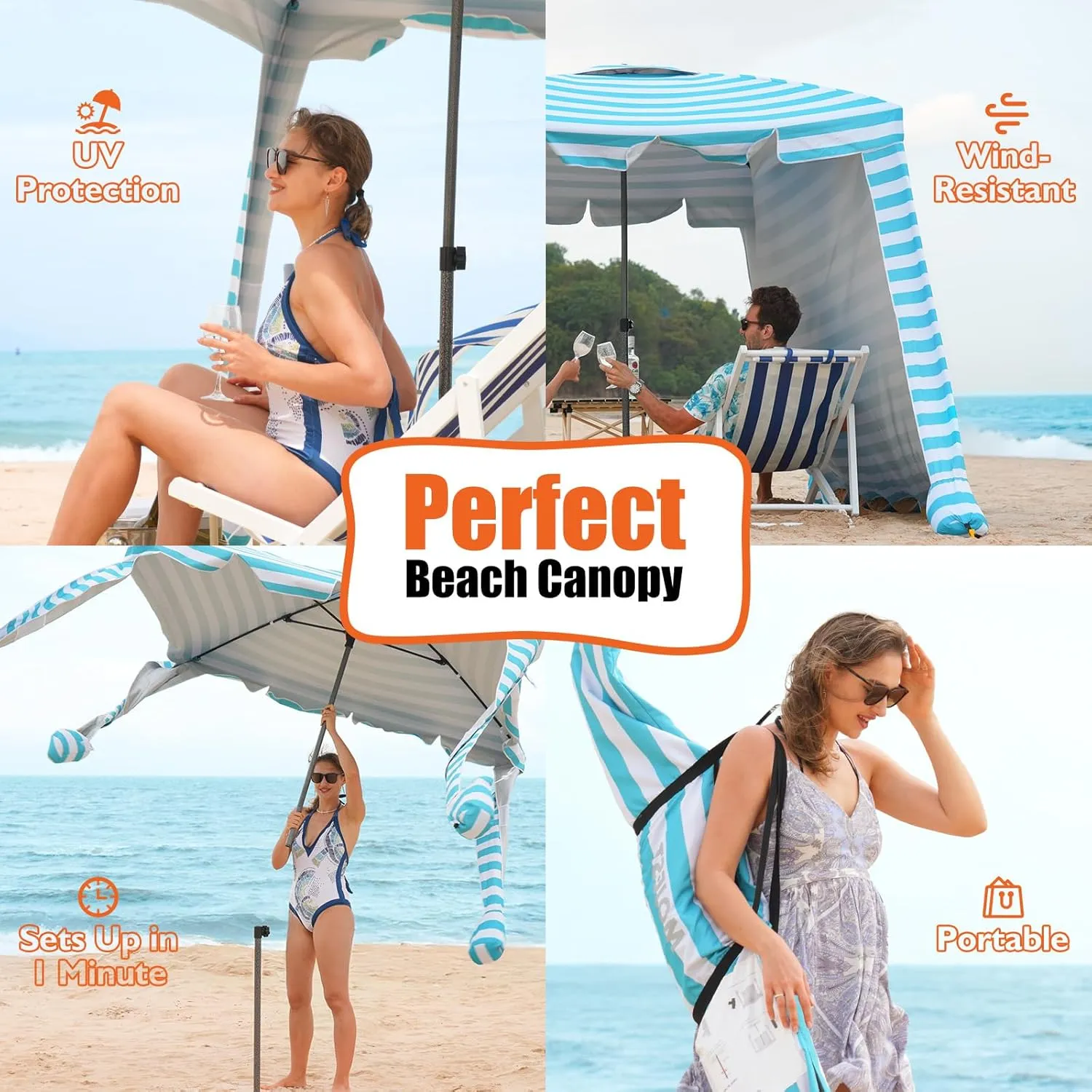 Beach Cabana - 6FT Beach Umbrella with UPF 100  UV Protection & Sunshade Curtain - Waterproof Tent - Portable Shade, Easy to Set Up, Perfect for Family & Friends (Aqua Stripe)