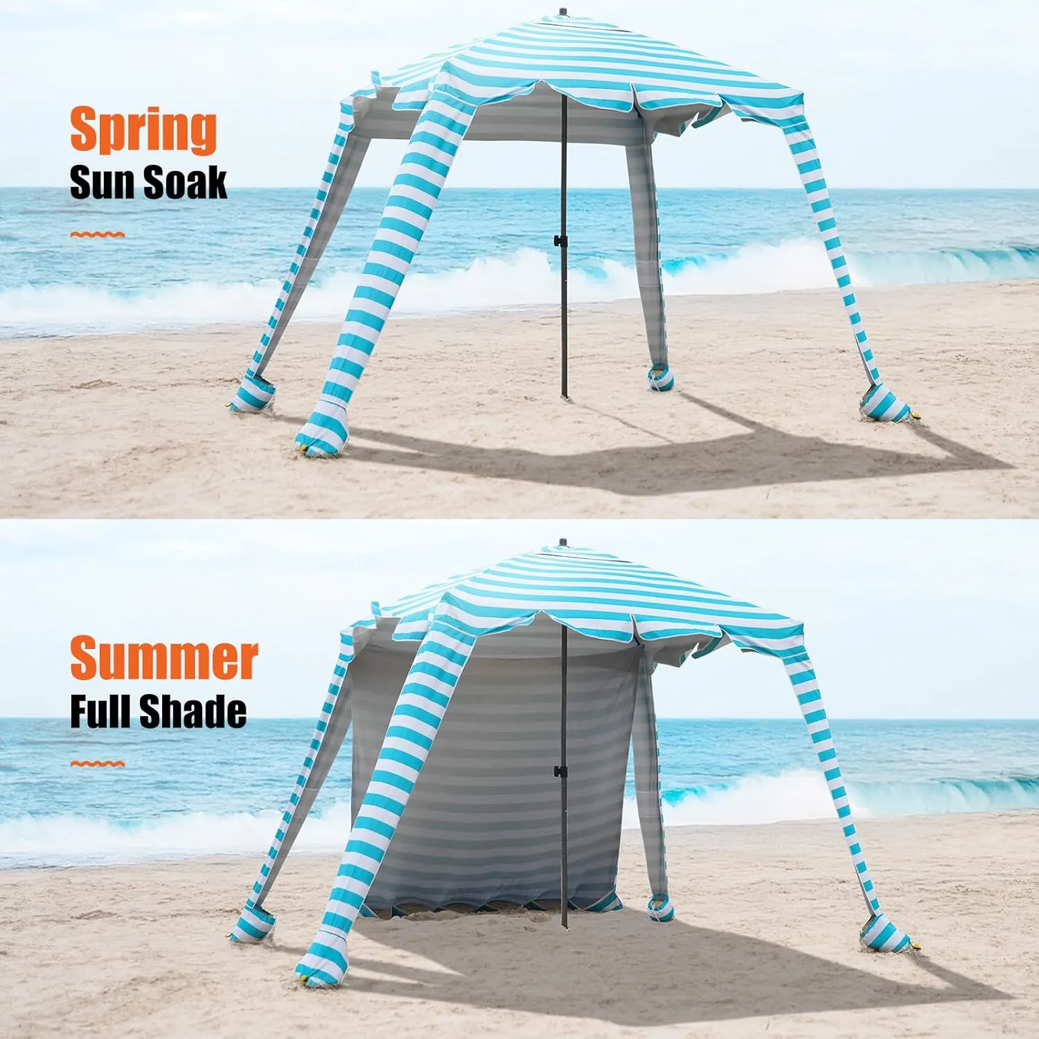 Beach Cabana - 6FT Beach Umbrella with UPF 100  UV Protection & Sunshade Curtain - Waterproof Tent - Portable Shade, Easy to Set Up, Perfect for Family & Friends (Aqua Stripe)