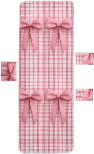 Beach Lounge Towel Cover with Non-Slip Pocket & Windproof Straps, 3 Side Pockets Chair Towel Cover for Outdoor, Pool, Beach, 85"x30",(Pink Bow with Check)