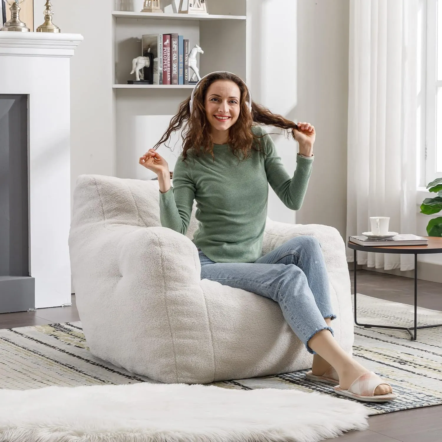 Bean Bag Chairs with Armrest,Soft Memory Foam Filler,Tufted Fabric Material Giant Lazy Sofa,Lounger Floor Chair for Adult,for Living Room,Bedroom (Green)