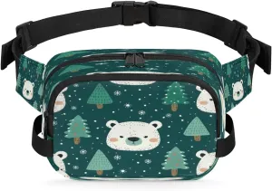 Bears Trees Snowflakes Waterproof Fanny Pack for Women Men Adjustable Waist Bag with Double Zipper Pockets Lightweight Square Hip Pack for Running Travel Hiking Workout Cycling