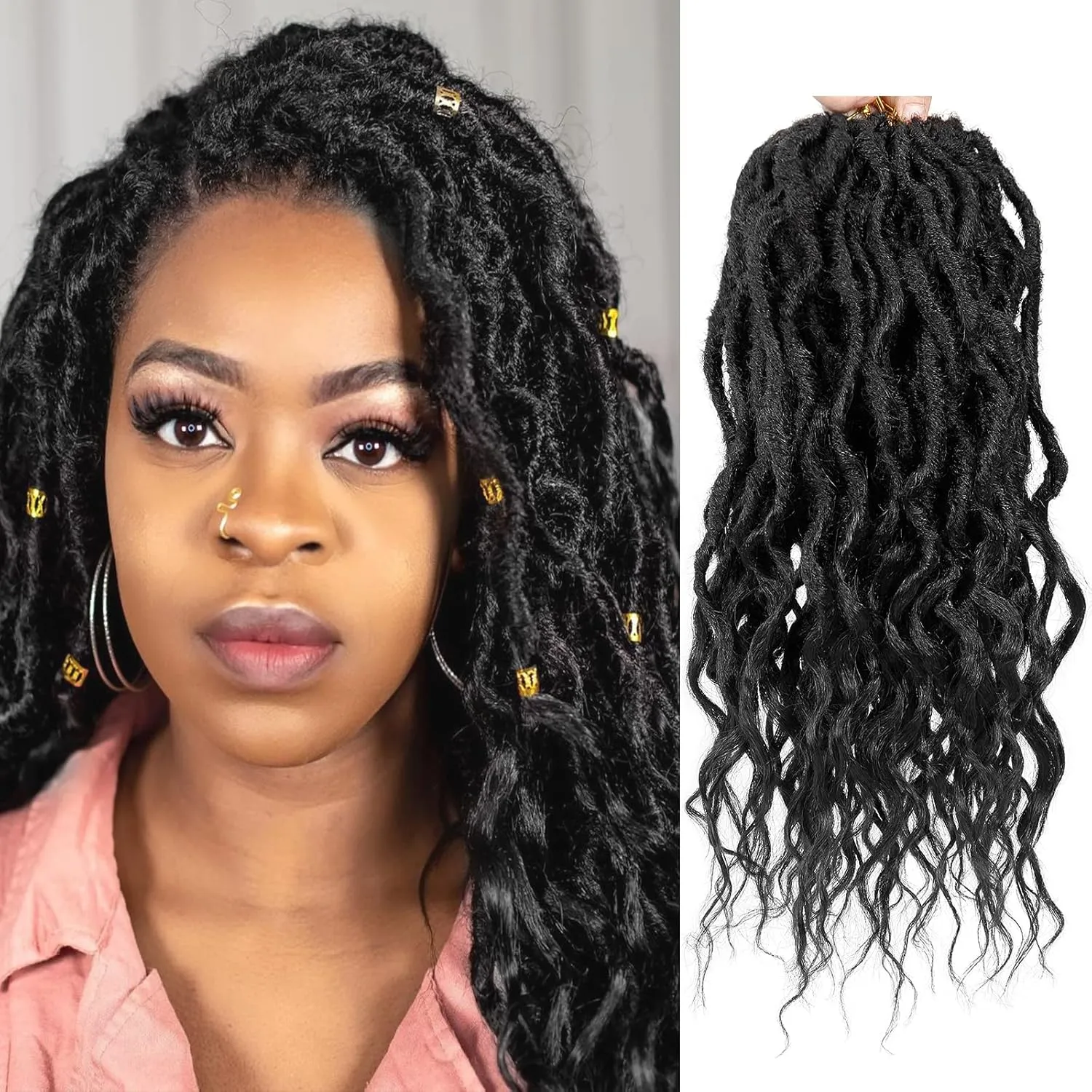 BEkjdiof Faux Locs Crochet Hair Pre-looped Short 6Packs 16Inch Goddess Locs Crochet Hair,Locs with Soft Curly Ends Dreadlocks Faux Crochet Locs Synthetic Braids Extensions 72strands(16'', 1B)