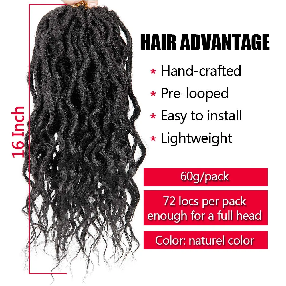 BEkjdiof Faux Locs Crochet Hair Pre-looped Short 6Packs 16Inch Goddess Locs Crochet Hair,Locs with Soft Curly Ends Dreadlocks Faux Crochet Locs Synthetic Braids Extensions 72strands(16'', 1B)