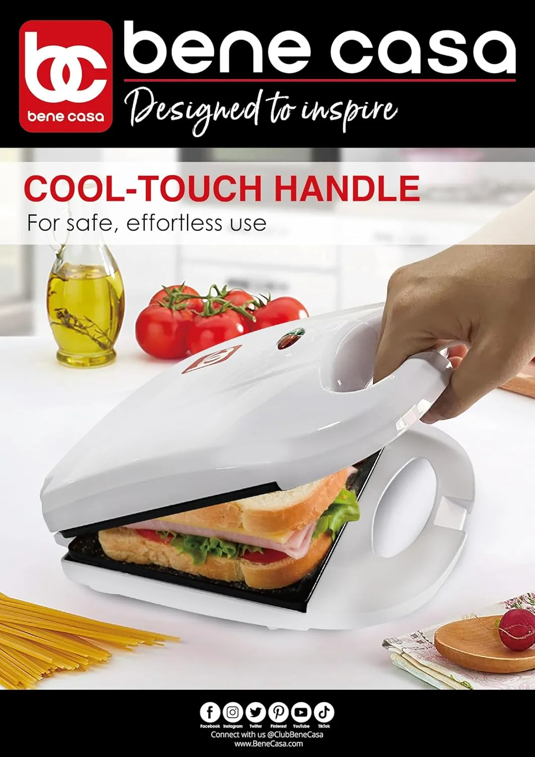Bene Casa - White Nonstick Flat Grill Sandwich Maker - Includes Cool-touch Handles and Die Cast Aluminum Cooking Surface