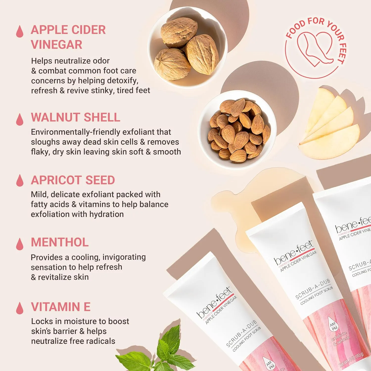 Benefeet Scrub-A-Dub Cooling Foot Scrub - Exfoliates   Refreshes Dry   Dull Skin, Get Smoother Skin from Heel to Toe, Made w/Vitamin E, Apple Cider Vinegar, Walnut Shell   Apricot Seed, 4 oz (3 Pack)