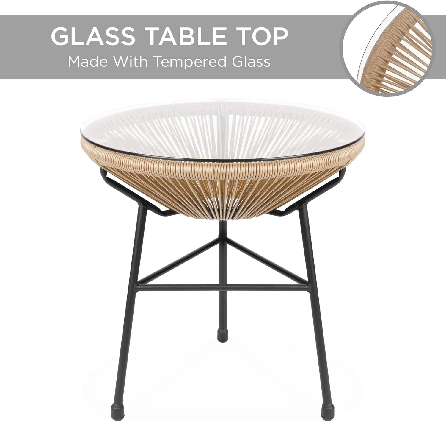 Best Choice Products 3-Piece Outdoor Acapulco All-Weather Patio Conversation Bistro Set w/Plastic Rope, Glass Top Table and 2 Chairs - Natural