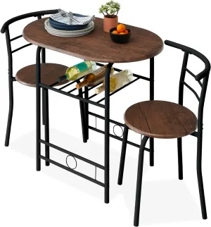 Best Choice Products 3-Piece Wooden Round Table & Chair Set for Kitchen, Dining Room, Compact Space w/Steel Frame, Built-in Wine Rack - Black/Brown