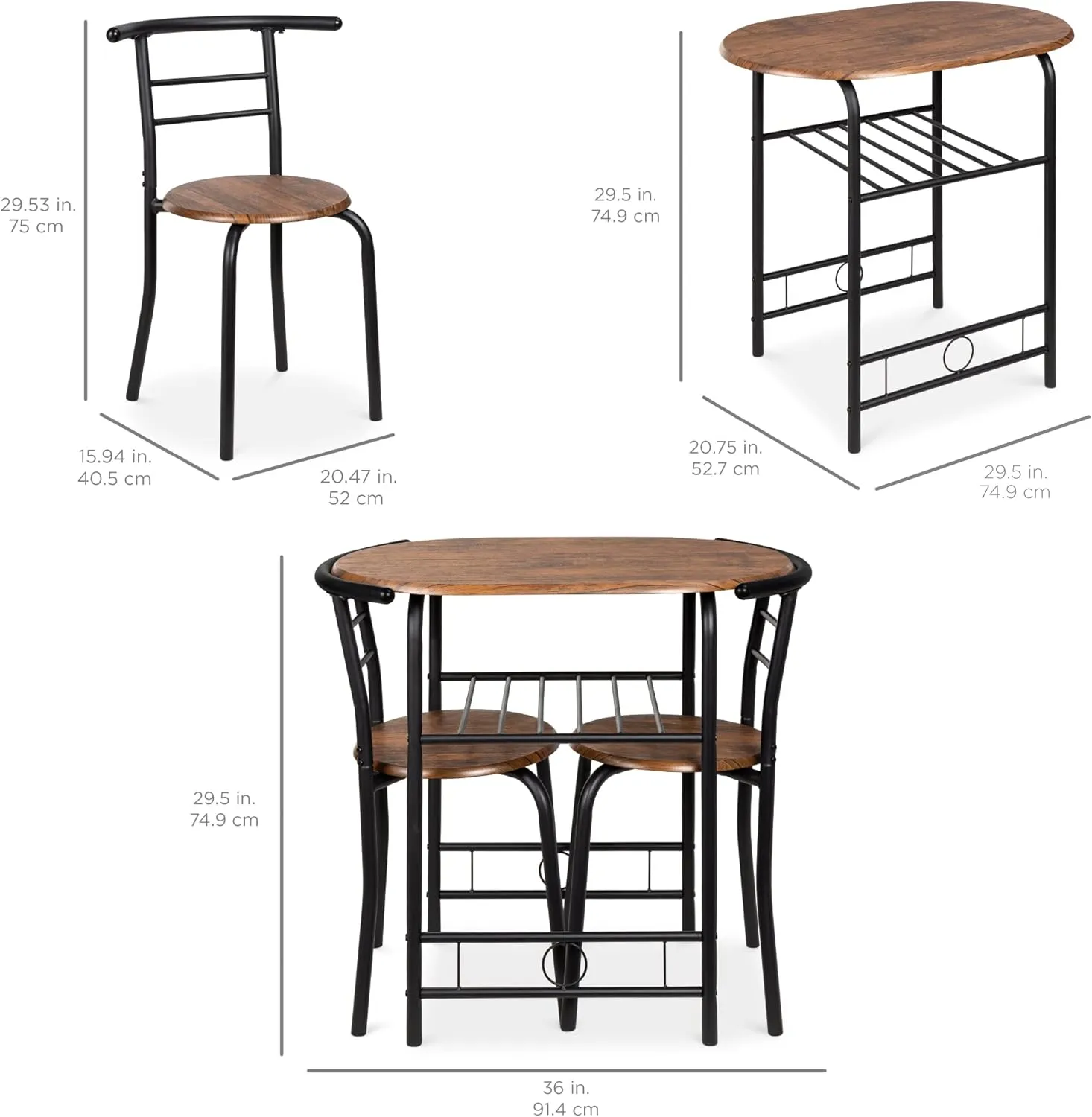Best Choice Products 3-Piece Wooden Round Table & Chair Set for Kitchen, Dining Room, Compact Space w/Steel Frame, Built-in Wine Rack - Black/Brown