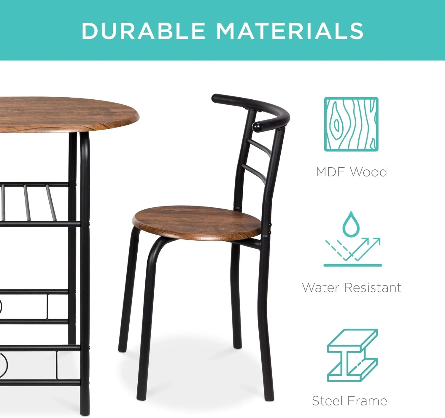 Best Choice Products 3-Piece Wooden Round Table & Chair Set for Kitchen, Dining Room, Compact Space w/Steel Frame, Built-in Wine Rack - Black/Brown