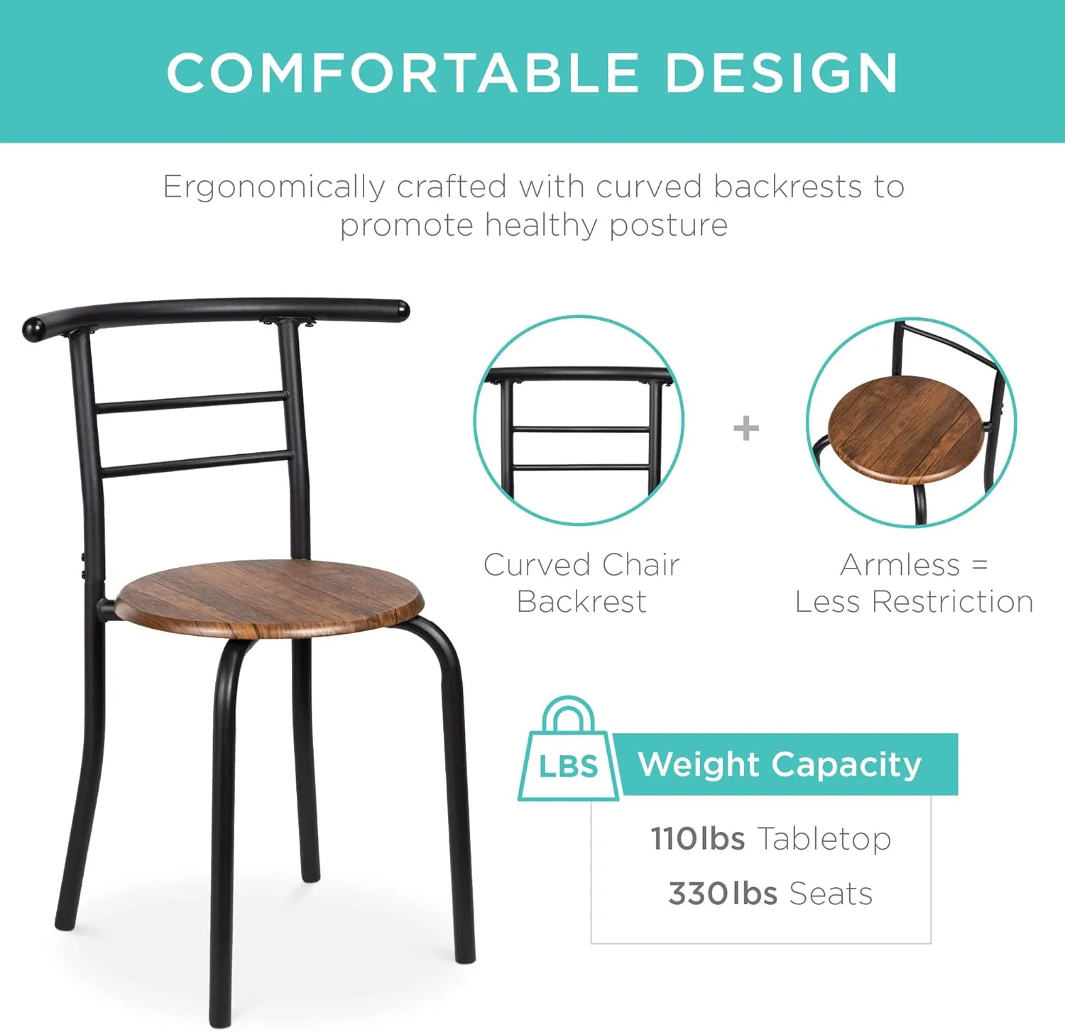 Best Choice Products 3-Piece Wooden Round Table & Chair Set for Kitchen, Dining Room, Compact Space w/Steel Frame, Built-in Wine Rack - Black/Brown