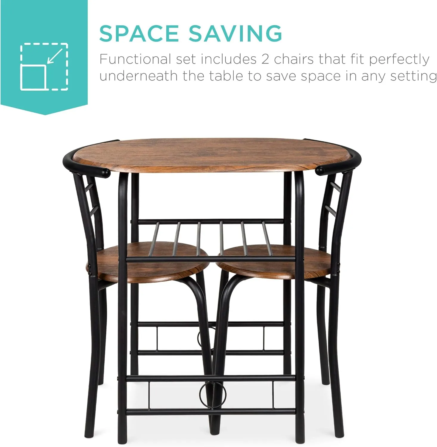 Best Choice Products 3-Piece Wooden Round Table & Chair Set for Kitchen, Dining Room, Compact Space w/Steel Frame, Built-in Wine Rack - Black/Brown
