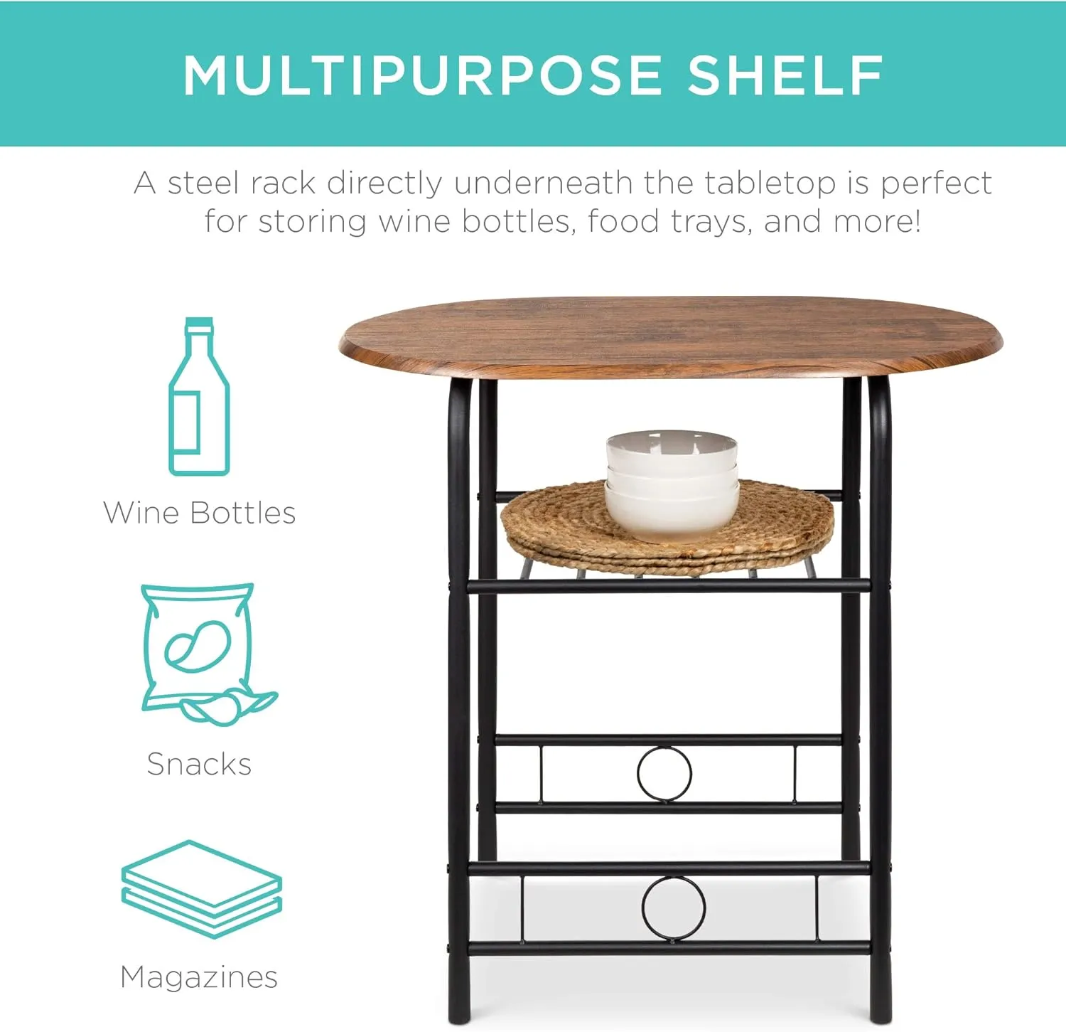 Best Choice Products 3-Piece Wooden Round Table & Chair Set for Kitchen, Dining Room, Compact Space w/Steel Frame, Built-in Wine Rack - Black/Brown