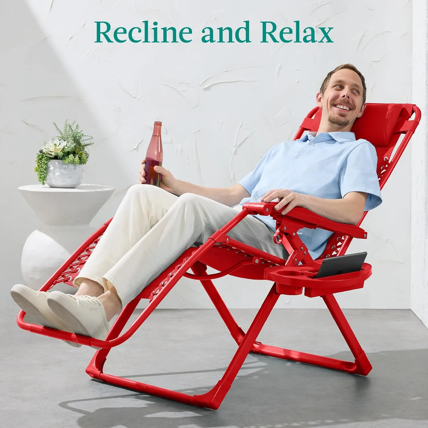 Best Choice Products Adjustable Zero Gravity Chair, Monochromatic Color Folding Patio Recliner w/Side Tray, Headrest - Chili