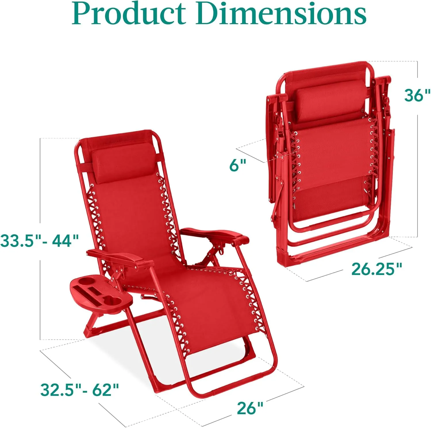 Best Choice Products Adjustable Zero Gravity Chair, Monochromatic Color Folding Patio Recliner w/Side Tray, Headrest - Chili