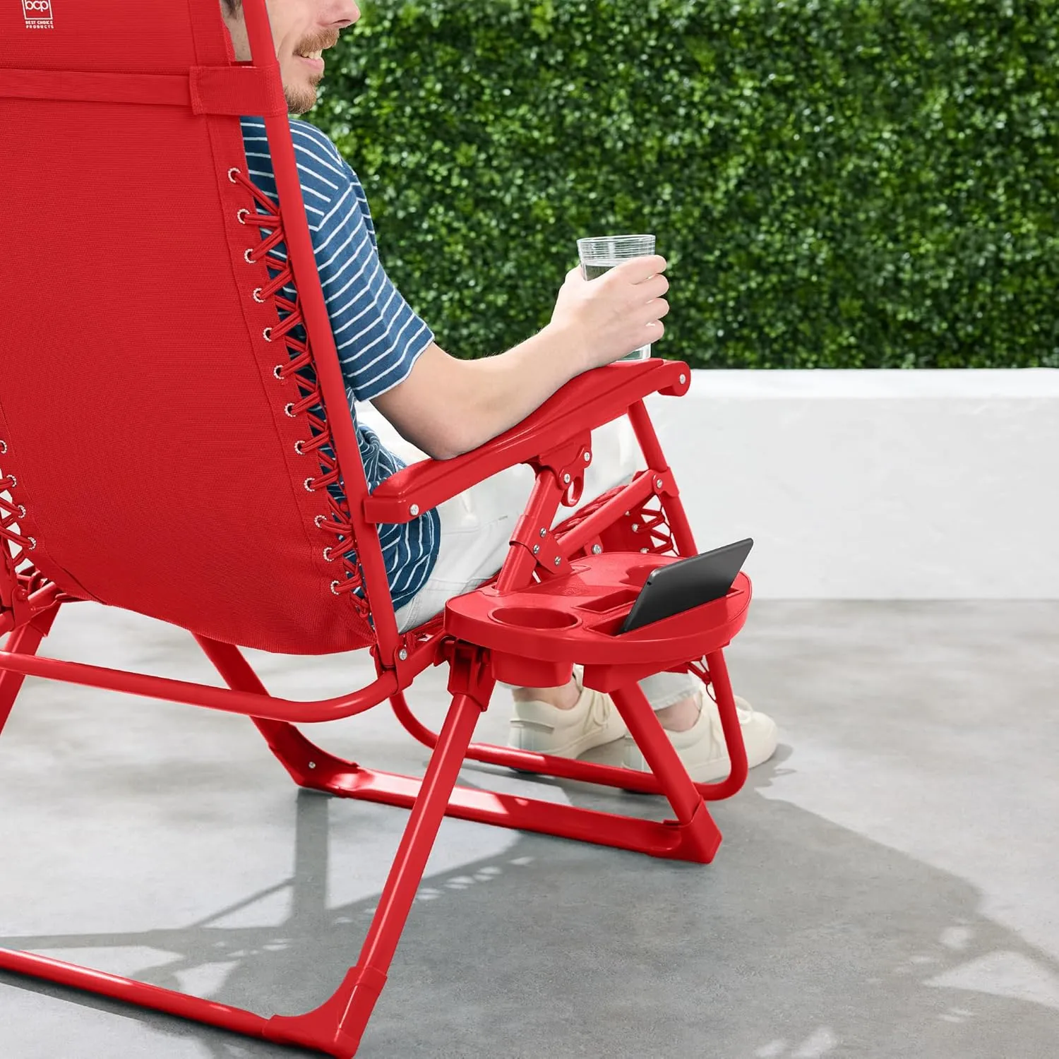 Best Choice Products Adjustable Zero Gravity Chair, Monochromatic Color Folding Patio Recliner w/Side Tray, Headrest - Chili