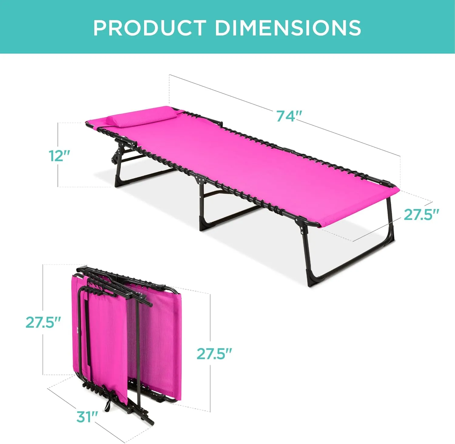 Best Choice Products Patio Chaise Lounge Chair, Portable Outdoor Folding Recliner for Lawn, w/ 8 Positions, Handles, 300lb Capacity - Dark Pink
