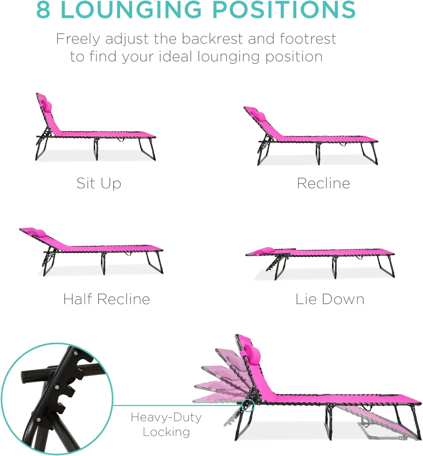Best Choice Products Patio Chaise Lounge Chair, Portable Outdoor Folding Recliner for Lawn, w/ 8 Positions, Handles, 300lb Capacity - Dark Pink