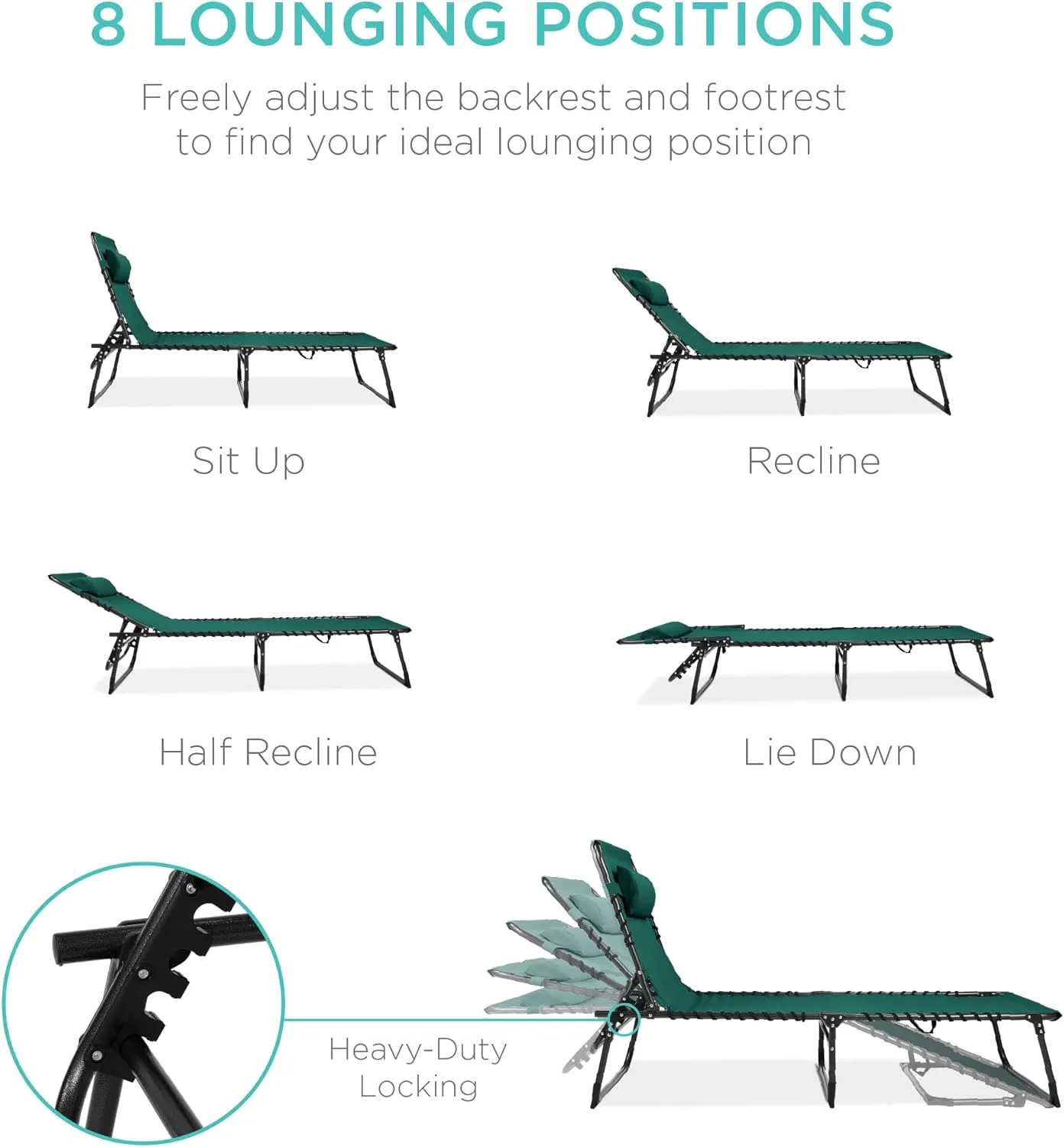Best Choice Products Patio Chaise Lounge Chair, Portable Outdoor Folding Recliner for Lawn, w/ 8 Positions, Handles, 300lb Capacity - Forest Green
