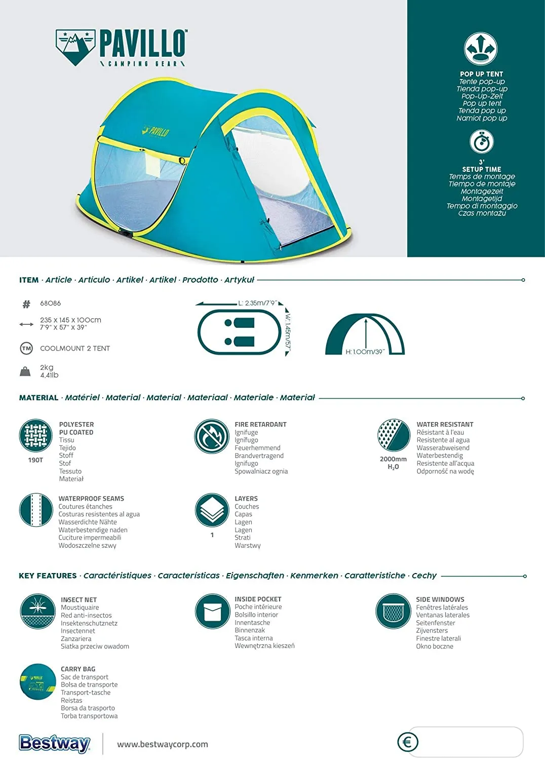 Best Way Pavillo Cool Mount Tent  2P 2.35mx1.45mx1.00m