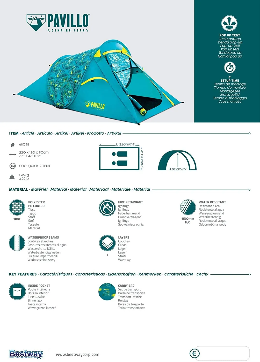 BESTWAY PAVAVILLO COOLROCK Tent 2P2.20Mx1.20Mx90CM