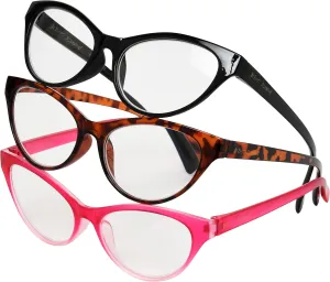 Betsey Johnson Women's Fairisle 3 Pack Reading Glasses Cat Eye, Black, Tortoise, Pink Gradient, 1.5X   1.5