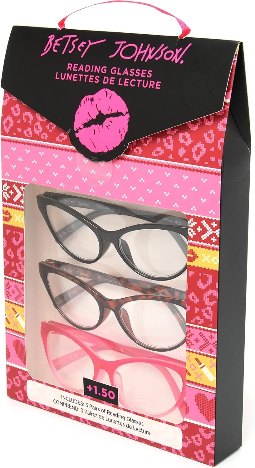 Betsey Johnson Women's Fairisle 3 Pack Reading Glasses Cat Eye, Black, Tortoise, Pink Gradient, 1.5X   1.5