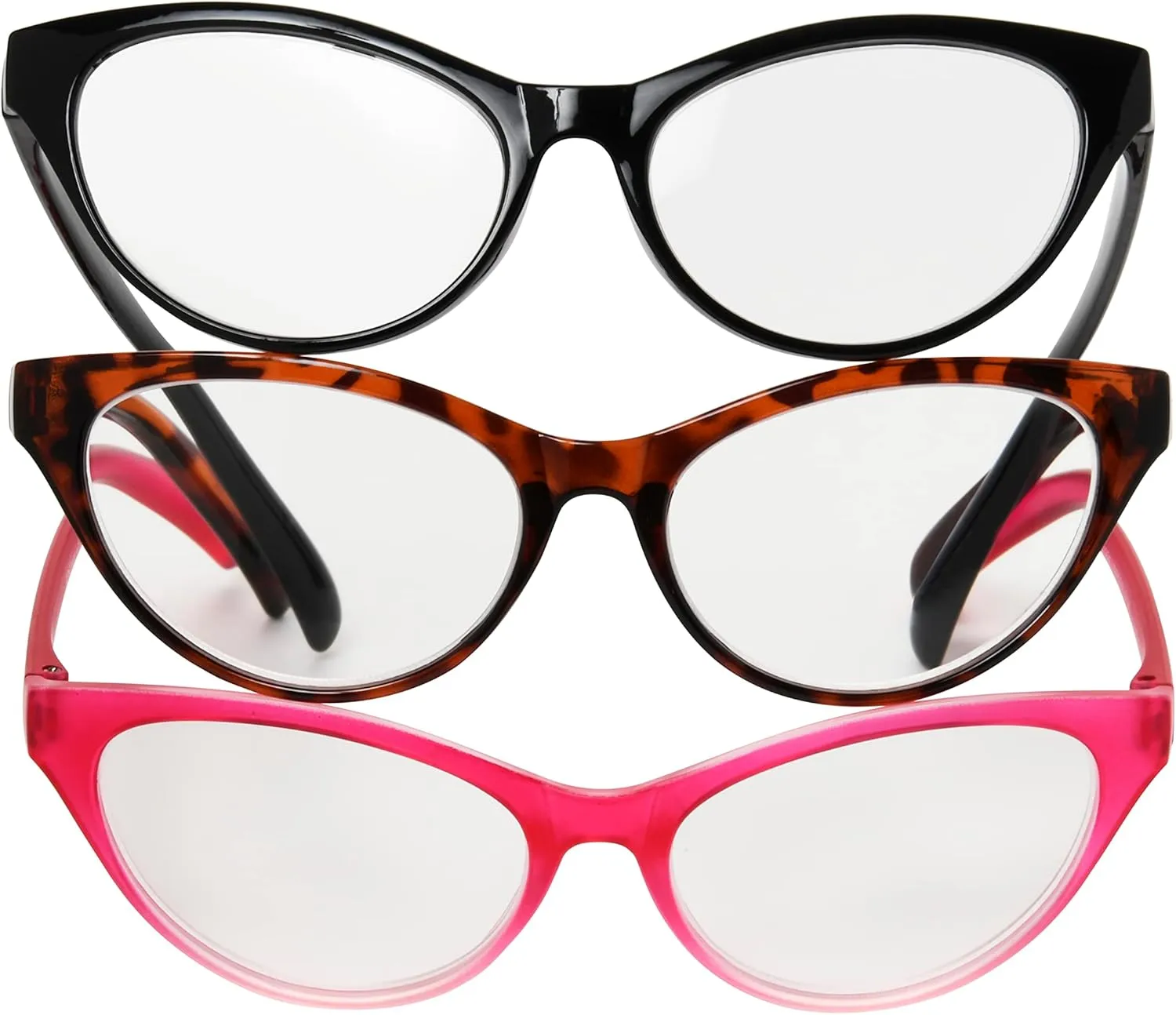 Betsey Johnson Women's Fairisle 3 Pack Reading Glasses Cat Eye, Black, Tortoise, Pink Gradient, 1.5X   1.5