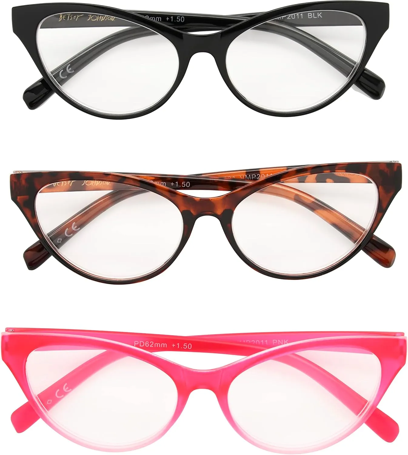 Betsey Johnson Women's Fairisle 3 Pack Reading Glasses Cat Eye, Black, Tortoise, Pink Gradient, 1.5X   1.5