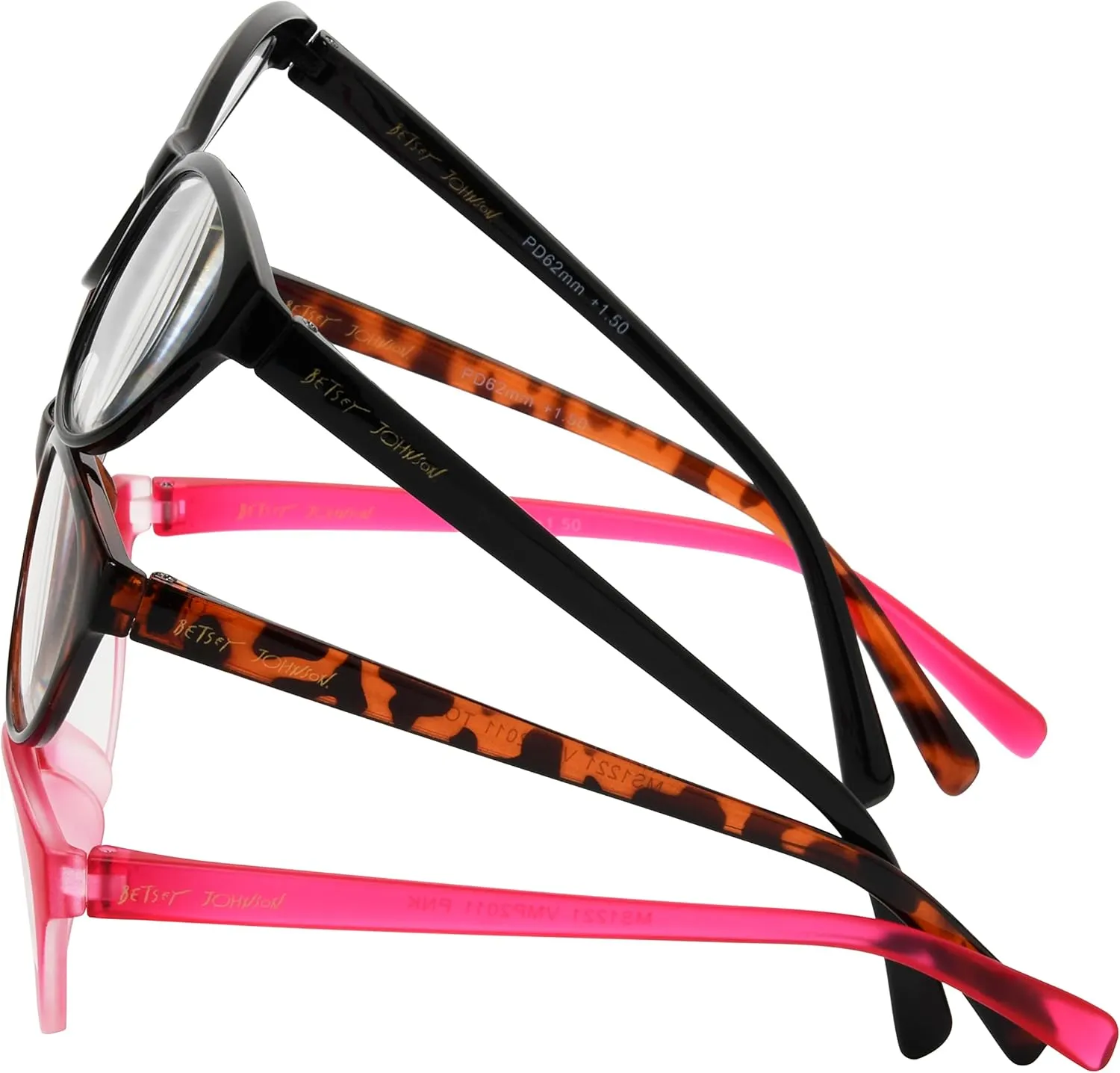 Betsey Johnson Women's Fairisle 3 Pack Reading Glasses Cat Eye, Black, Tortoise, Pink Gradient, 1.5X   1.5