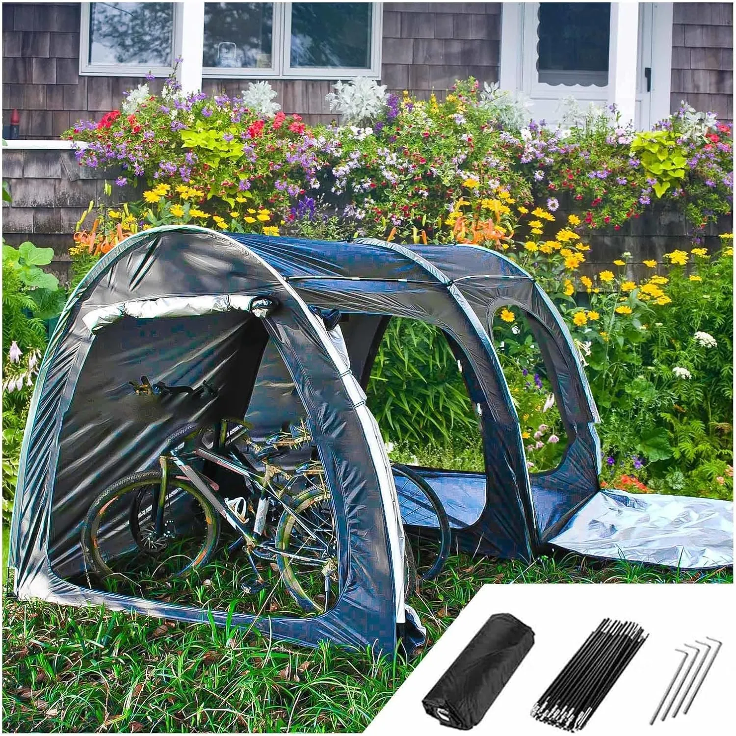 Bike Storage Tent with Ventilation Mesh Motorcycle Tent with Double Doors for 5-7 Bikes Outdoor Shed Bicycle Tent