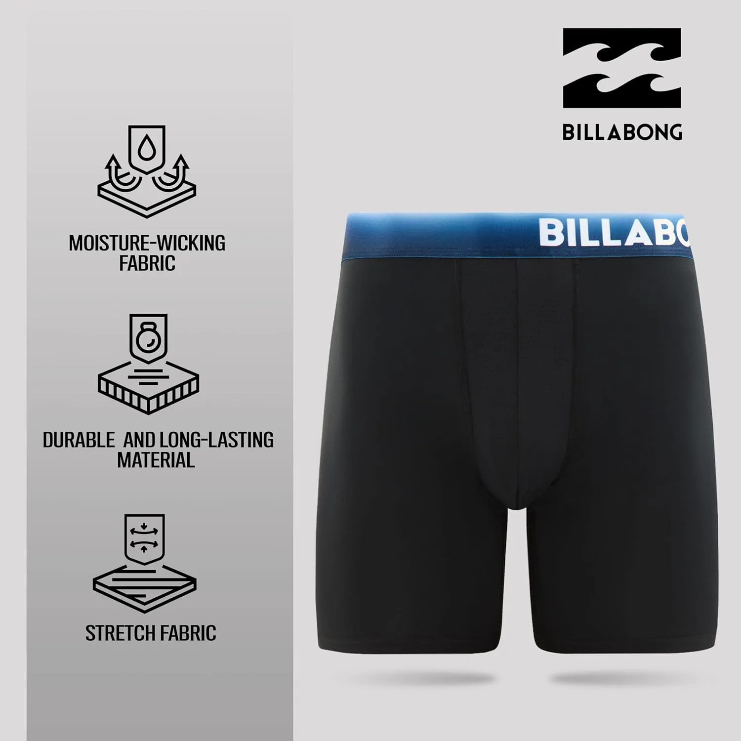 Billabong Mens Boxer Briefs 4 Pack Long Leg Performance Compression Shorts Mens Underwear 7.5” Inseam